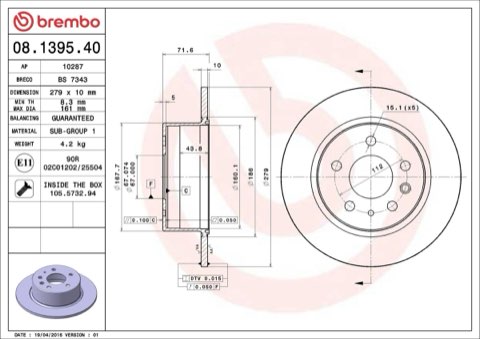 Brembo Prime 08.1395.40 Brake Disc — Rear 279mm, photo 4