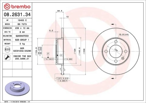 Brembo Prime 08.2631.34 Brake Disc — Front 239mm, photo 6