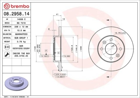 Brembo Prime 08.2958.14 Brake Disc — Front 238mm, photo 7