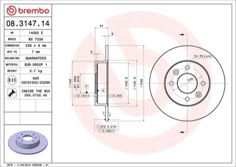 Brembo Prime 08.3147.14 Brake Disc — 238mm, photo 5