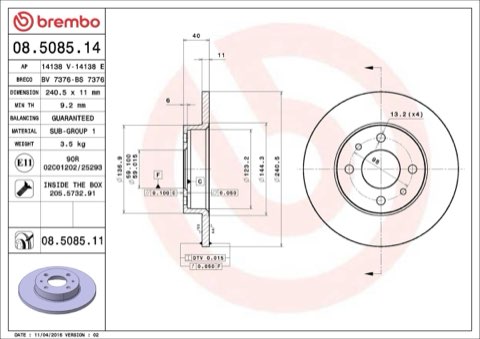 Brembo Prime 08.5085.14 Brake Disc — Front 240mm, photo 4