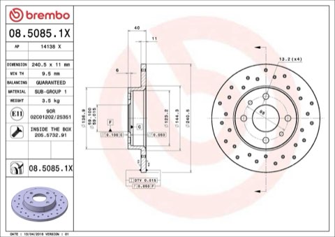 Brembo Xtra 08.5085.1X Brake Disc — Front 240mm, photo 4