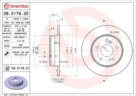 Brembo Prime 08.5178.31 Brake Disc — Rear 278mm, photo 4