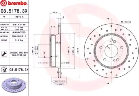 Brembo Xtra 08.5178.3X Brake Disc — Rear 278mm, photo 2
