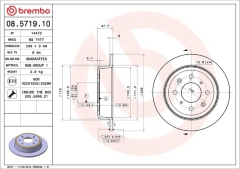 Brembo Prime 08.5719.10 Brake Disc — Rear 239mm, photo 6