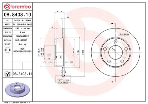 Brembo Prime 08.8408.11 Brake Disc — Rear 245mm, photo 6