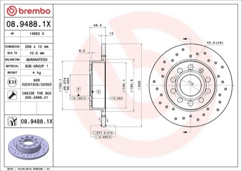 Brembo Xtra 08.9488.1X Brake Disc — Rear 256mm, photo 4