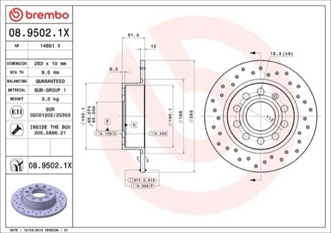 Brembo Xtra 08.9502.1X Brake Disc — Rear 253mm, photo 8