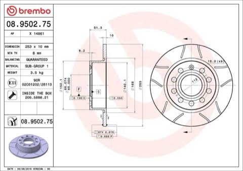 Brembo Xtra 08.9502.75 Brake Disc — Rear 253mm, photo 5