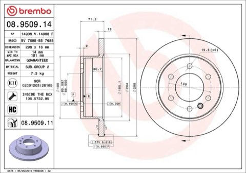 Brembo Prime 08.9509.11 Brake Disc — Rear 298mm, photo 3