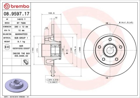 Brembo Prime 08.9597.17 Brake Disc — Rear 280mm, photo 3