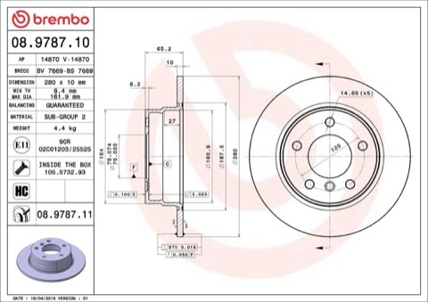 Brembo Prime 08.9787.11 Brake Disc — Rear 280mm, photo 6