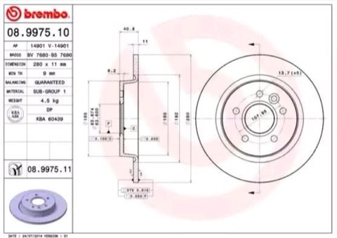 Brembo Prime 08.9975.11 Brake Disc — Rear 280mm