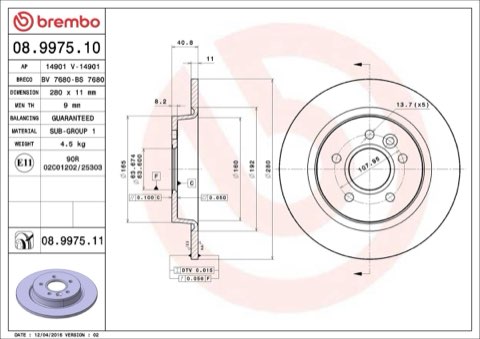 Brembo Prime 08.9975.11 Brake Disc — Rear 280mm, photo 5