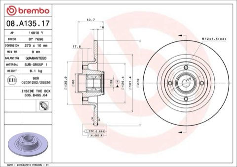 Brembo Prime 08.A135.17 Brake Disc — Rear 270mm, photo 5