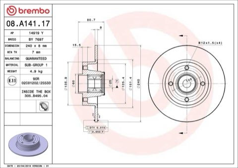 Brembo Prime 08.A141.17 Brake Disc — Rear 240mm, photo 3