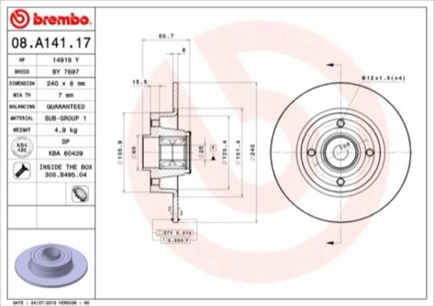 Brembo Prime 08.A141.17 Brake Disc — Rear 240mm, photo 4