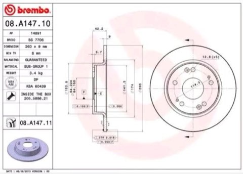 Brembo Prime 08.A147.11 Brake Disc — Rear 260mm, photo 2