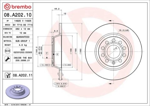 Brembo Prime 08.A202.11 Brake Disc — Rear 282mm, photo 4
