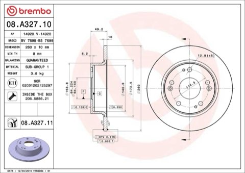 Brembo Prime 08.A327.11 Brake Disc — 260mm, photo 4