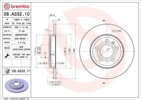 Brembo Prime 08.A332.11 Brake Disc — Rear 288mm, photo 6