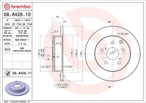 Brembo Prime 08.A429.11 Brake Disc — Rear 281mm, photo 4