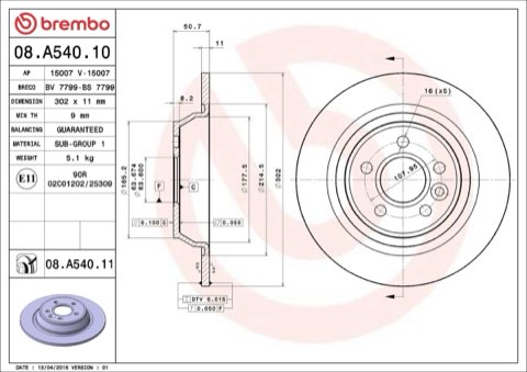 Brembo Prime 08.A540.11 Brake Disc — Rear 302mm, photo 5