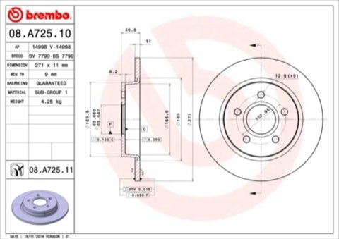 Brembo Prime 08.A725.10 Brake Disc — Rear 271mm, photo 6