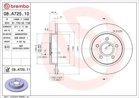 Brembo Prime 08.A725.11 Brake Disc — Rear 271mm, photo 7