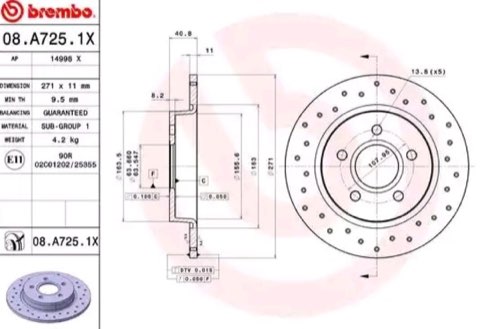 Brembo Xtra 08.A725.1X Brake Disc — Rear 271mm, photo 2