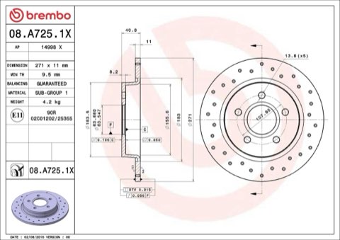 Brembo Xtra 08.A725.1X Brake Disc — Rear 271mm, photo 6