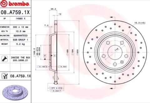 Brembo Xtra 08.A759.1X Brake Disc — 300mm, photo 2