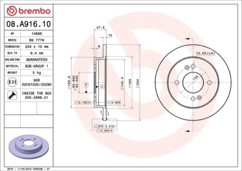 Brembo Prime 08.A916.10 Brake Disc — Rear 234mm, photo 4