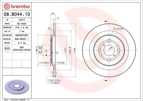 Brembo Prime 08.B044.10 Brake Disc — Rear 278mm, photo 4