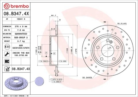 Brembo Xtra 08.B347.4X Brake Disc — Rear 276mm, photo 4
