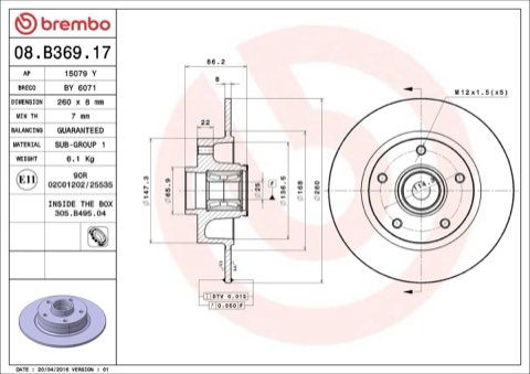 Brembo Prime 08.B369.17 Brake Disc — Rear 260mm, photo 5