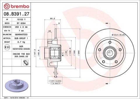Brembo Prime 08.B391.27 Brake Disc — Rear 260mm, photo 5