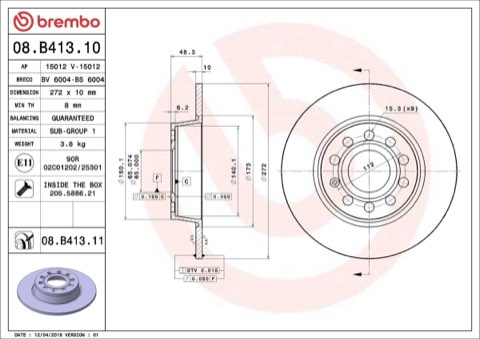 Brembo Prime 08.B413.11 Brake Disc — Rear 272mm, photo 4