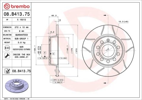 Brembo Xtra 08.B413.75 Brake Disc — Rear 272mm, photo 4