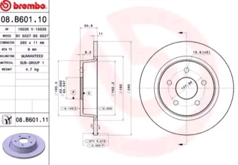 Brembo Prime 08.B601.11 Brake Disc — Rear 280mm, photo 2