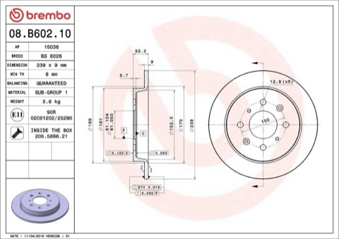 Brembo Prime 08.B602.10 Brake Disc — Rear 239mm, photo 5