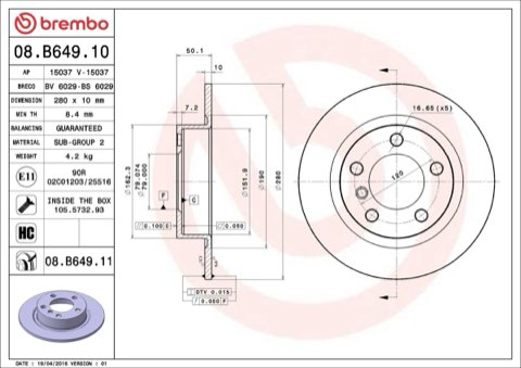 Brembo Prime 08.B649.11 Brake Disc — 280mm, photo 5