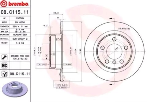 Brembo Prime 08.C115.11 Brake Disc — Rear 290mm, photo 2