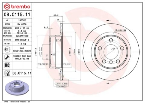 Brembo Prime 08.C115.11 Brake Disc — Rear 290mm, photo 5