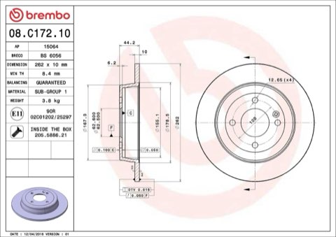 Brembo Prime 08.C172.10 Brake Disc — Rear 262mm, photo 4
