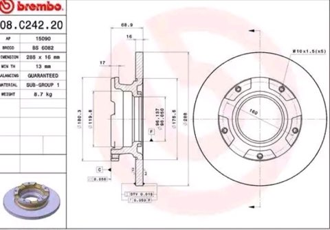 Brembo Prime 08.C242.20 Brake Disc — Rear 288mm, photo 2