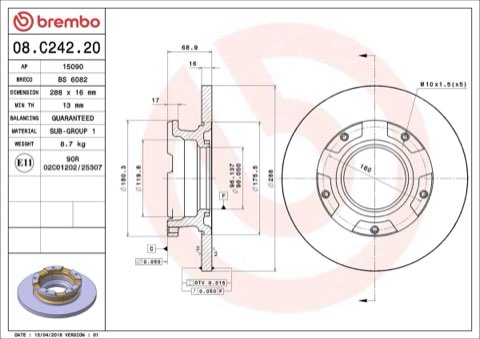 Brembo Prime 08.C242.20 Brake Disc — Rear 288mm, photo 4