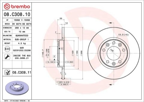 Brembo Prime 08.C308.11 Brake Disc — Rear 268mm, photo 5