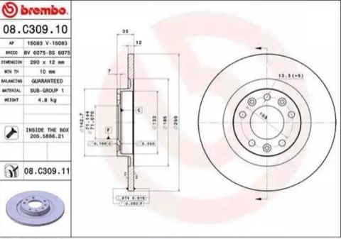 Brembo Prime 08.C309.11 Brake Disc — Rear 290mm, photo 2