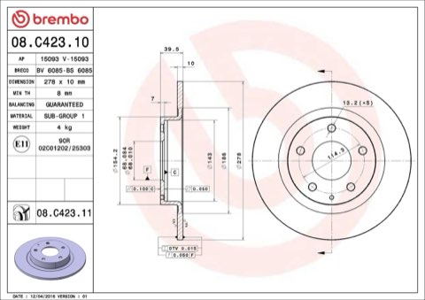 Brembo Prime 08.C423.11 Brake Disc — Rear 278mm, photo 5